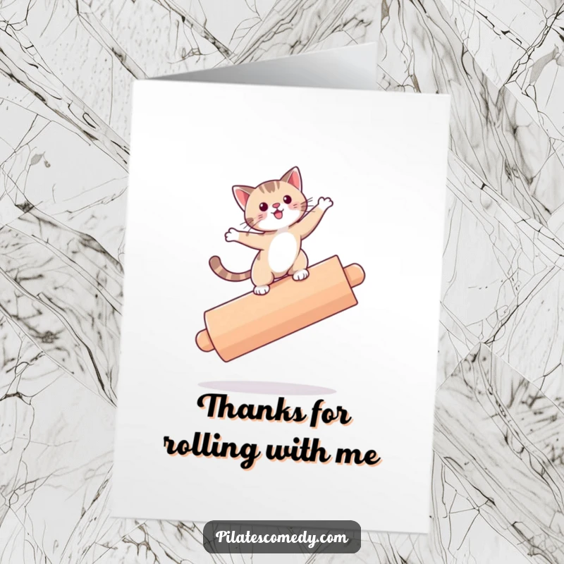 Funny free printable thank you card featuring a cat on a roller, showing thanks with a wobbly charm.