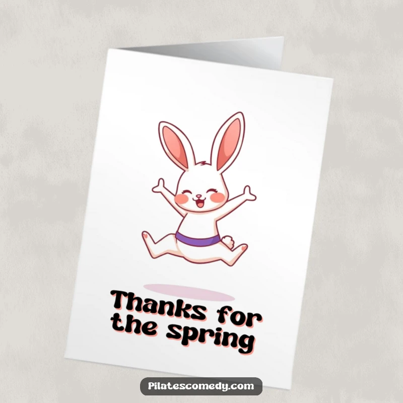 Funny free printable thank you card featuring an energetic bunny doing a Pilates move, expressing thanks with joy.