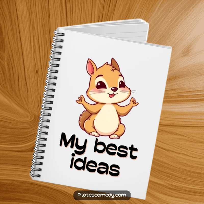 Funny squirrel in a yoga pose, showcasing intense mental focus, on the cover of a lined notebook.