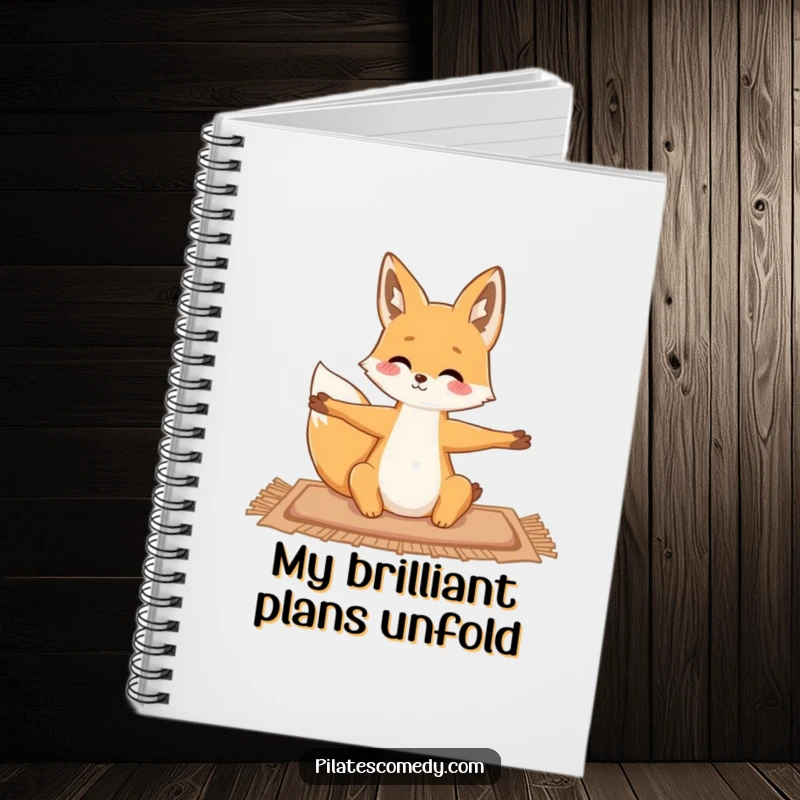 Funny fox design on a notebook cover, fox is gracefully stretching on a mat, inspiring mindful writing.