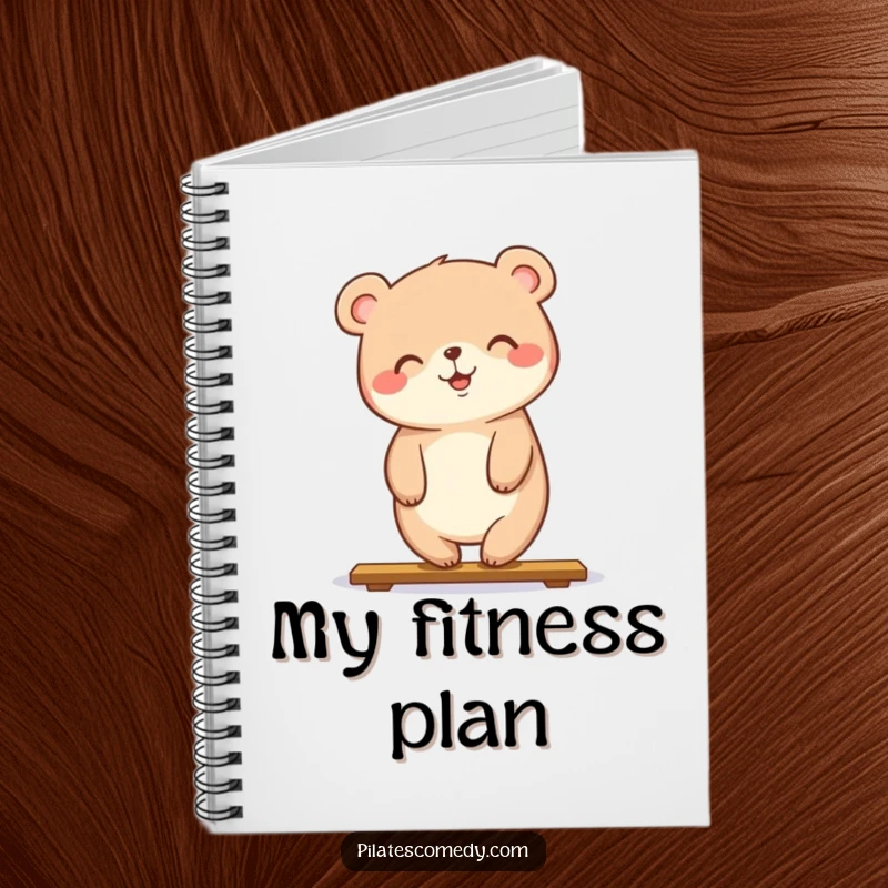 Funny notebook featuring a happy bear in a plank pose with a smile, perfect for writing notes and journaling.