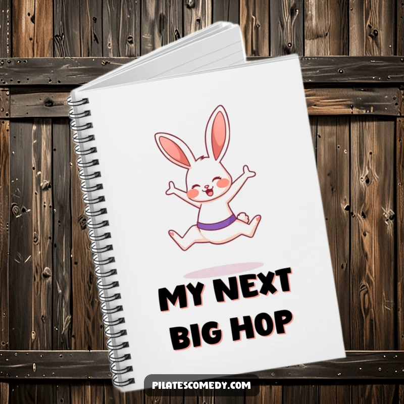 Funny bunny design on a notebook cover, bunny is doing a Pilates leap with a smile, inspiring active planning.