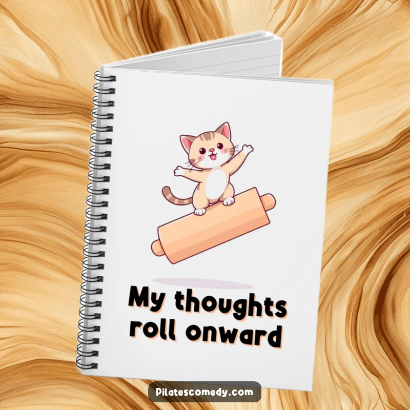 Funny cat design on a notebook cover, cat is precariously balancing on a roller, inspiring playful writing.