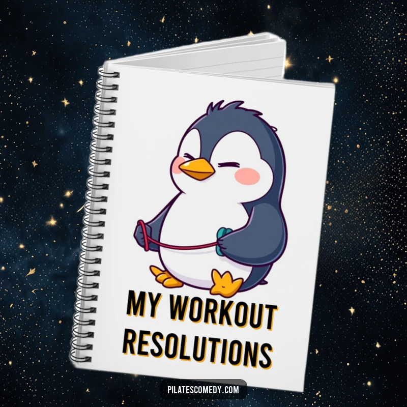 Funny penguin notebook with a determined character using a resistance band, perfect for note-taking and planning workouts.