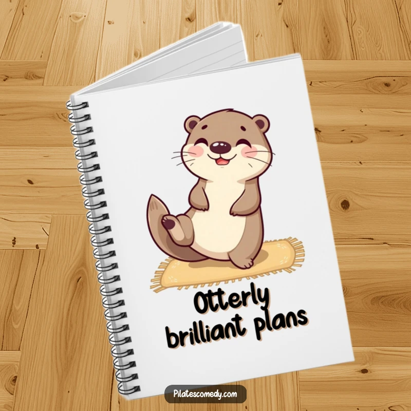 Funny happy otter character balanced on a yoga mat, stretching one leg upwards, on a lined notebook cover.
