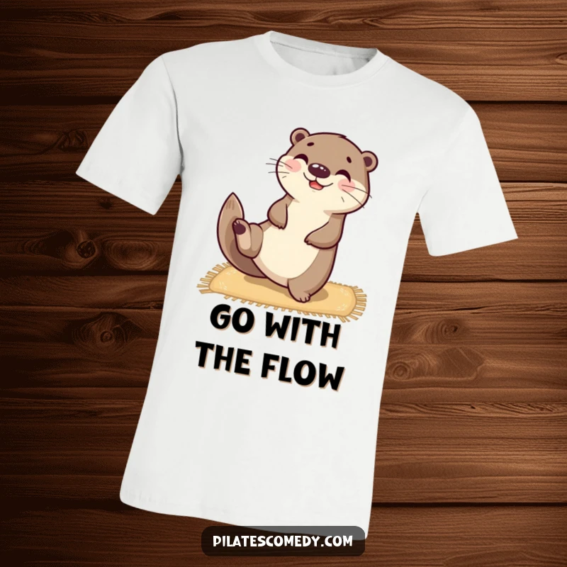 Funny happy otter character balanced on a mat, stretching one leg upwards, printed on a soft t-shirt.