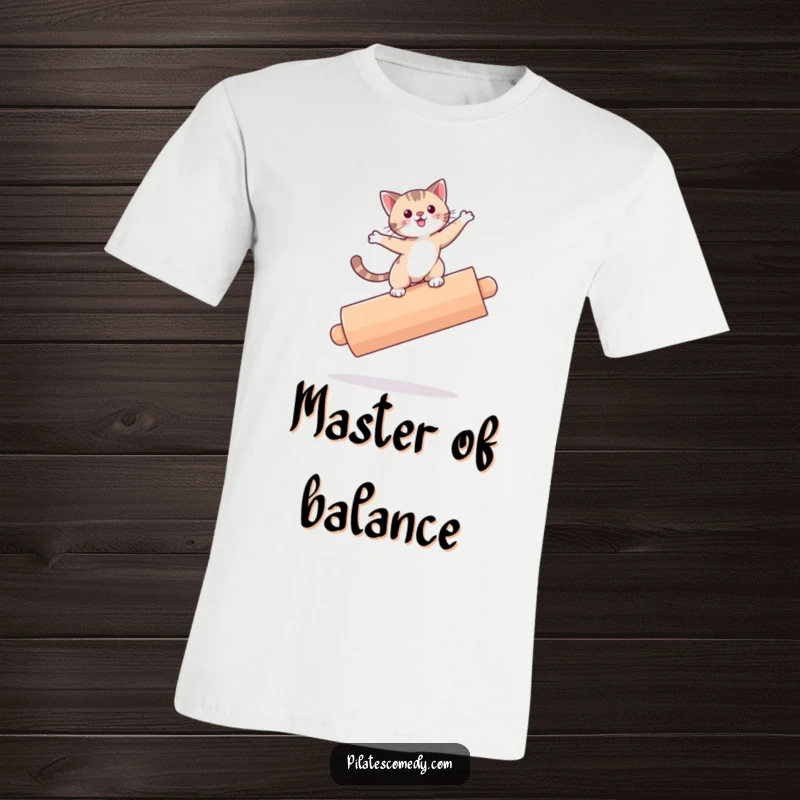 Funny cat character in a precarious balancing act on a large roller, highlighting feline acrobatics and humor.
