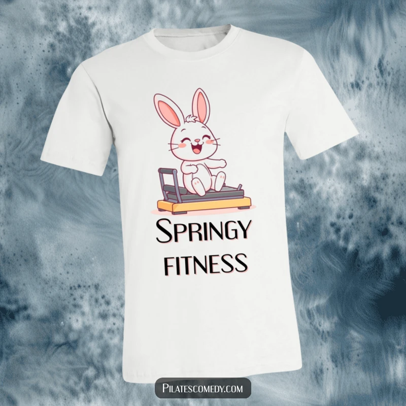 Funny joyful bunny character smiling, in a graceful pose on a reformer machine, printed on a soft t-shirt.