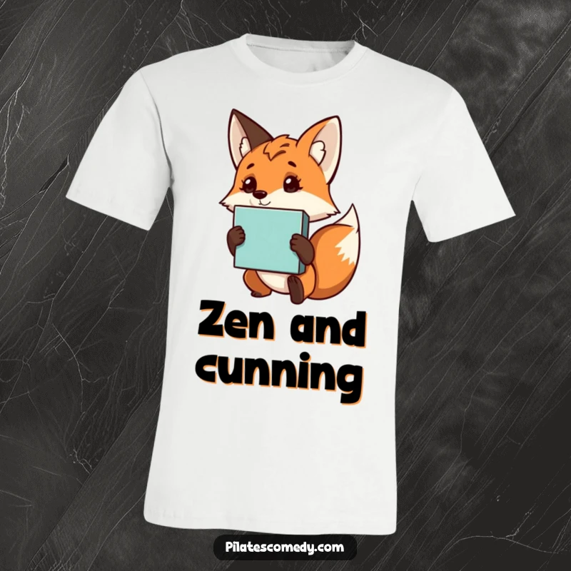 Funny fox t-shirt of a curious character tilting its head while thoughtfully holding a yoga block, ideal for yoga practitioners.