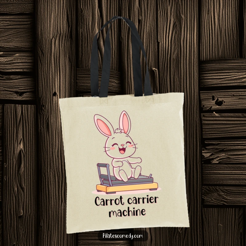 Funny joyful bunny character smiling, in a graceful pose on a reformer machine, on a durable tote bag.