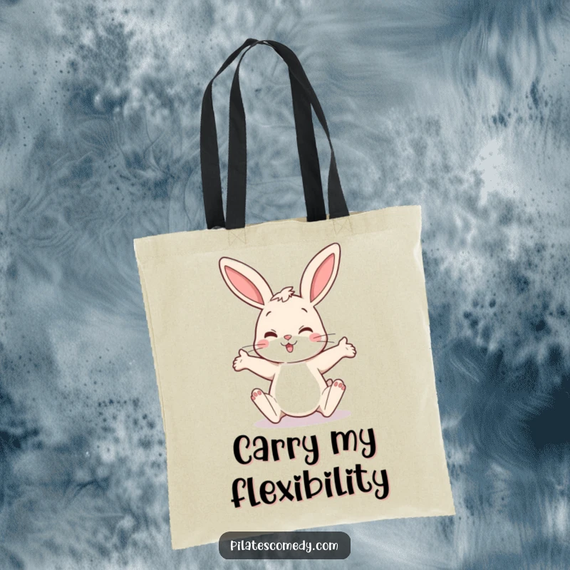 Funny bunny tote bag depicting a cheerful rabbit in a funny, curious leg-stretching pose, perfect for grocery or daily errands.