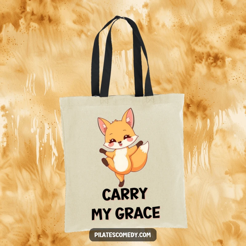 Funny fox tote bag depicting a delighted fox in a graceful leg extension pose, perfect for shopping or daily use.