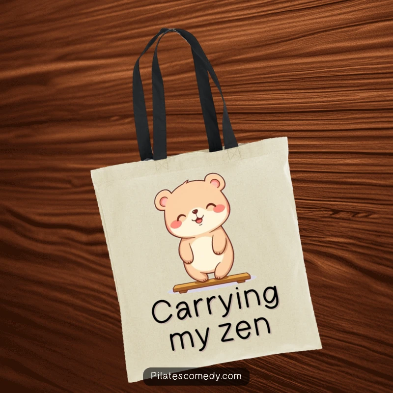 Funny tote bag showing a happy bear balancing in a plank pose with a smile, ideal for gym or daily use.